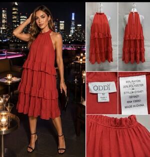 ODDY Womens Medium Red Tiered Ruffle Halter Dress Sleeveless Boho Mini